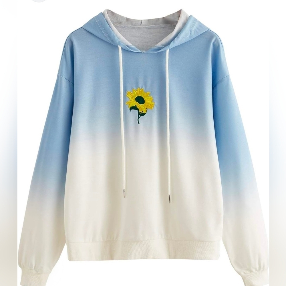 Sunflower Embroidered Pullover Hoodie Ombre Blue - Size Small - NWT!